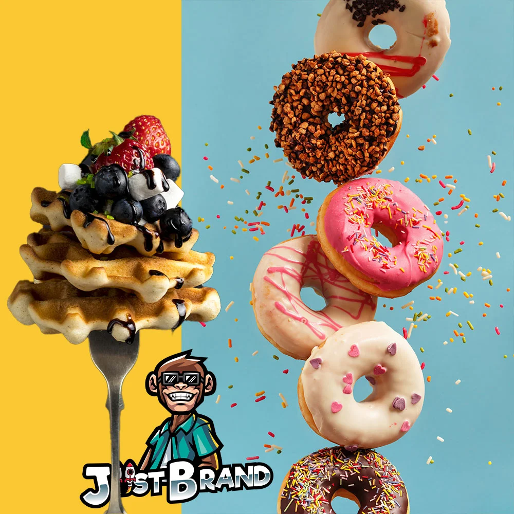 Image of waffles and doughnuts with Just Brand logo