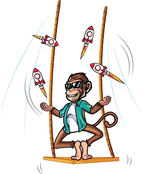 Logo Monkey juggling rockets on a swing